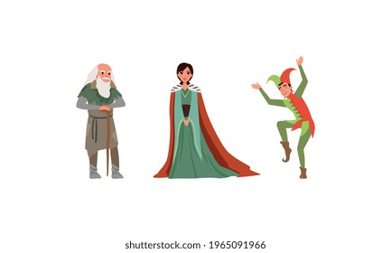 Medieval Characters Dressed Ancient Clothes Set, Majestic Queen, Old Poor Man, Jester Vector Illustration