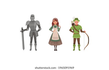 Medieval Characters Dressed Ancient Clothes Set, Armored Knight, Handmaid, Archer with Bow Vector Illustration