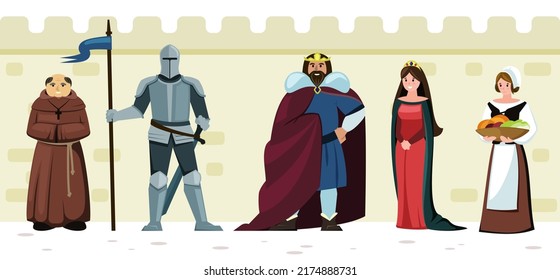 medieval characters. fantasy fairytale persons queen king knight male and female persons. Vector medieval people