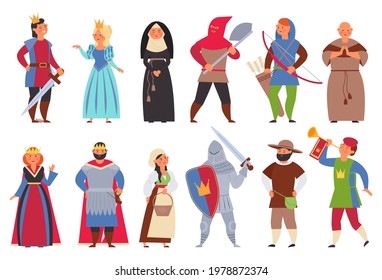 Medieval characters. Flat knight, man king and princess. Cute boy, actors in costumes. Cartoon peasant archer, decent historical vector persons