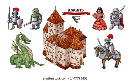 Medieval characters historical buildings cartoon objects set isolated on white background. Vector illustration knights and castles collection elements for design