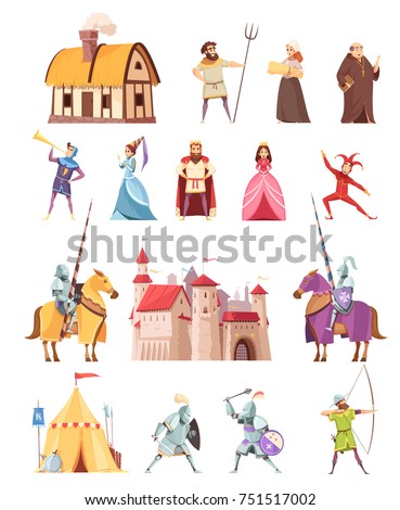 Medieval characters historical buildings cartoon icons set with castle ridders tent peasant king knight princess isolated vector illustration 