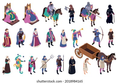 Medieval characters isometric icons set with peasant cnd chivalry symbols isolated vector illustraion