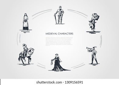 Medieval characters - knight, troubadour, buffon, peasant woman and countess vector concept set. Hand drawn sketch isolated illustration