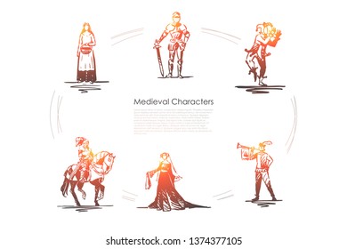 Medieval characters - knight, troubadour, buffon, peasant woman and countess vector concept set