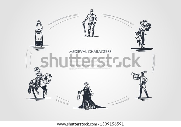 Medieval characters - knight, troubadour,\
buffon, peasant woman and countess vector concept set. Hand drawn\
sketch isolated\
illustration