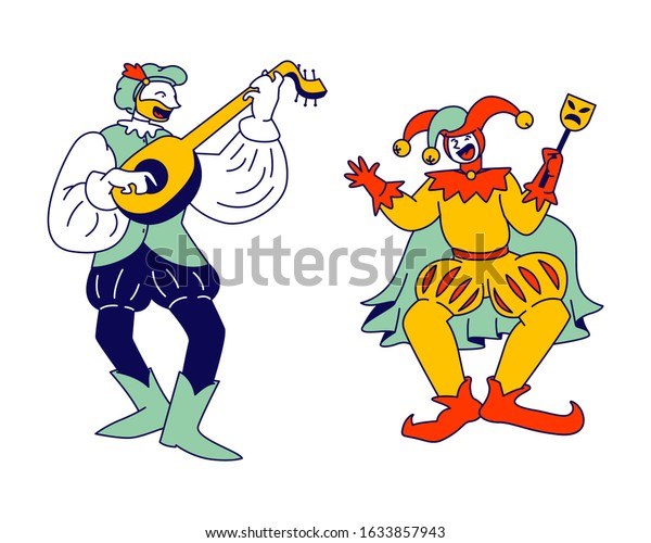 Medieval Characters Minstrel and Buffoon Isolated on\
White Background. Funny Carnival Show or Fairy Tale Personages,\
Ancient Fair Market Comic Persons. Cartoon Flat Vector\
Illustration, Line\
Art