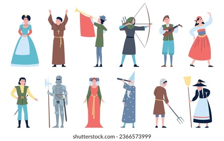 Medieval characters. Queen and knight, young prince and gypsy dancer. Archer and troubadour, cassock priest and witch flat recent vector fairy tale set