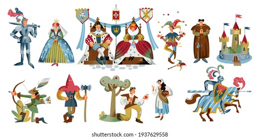 Medieval characters set. People in Middle Ages vector illustration. King, queen, princess, knight, castle, peasants, jester, warrior on horse, archer isolated on white background.