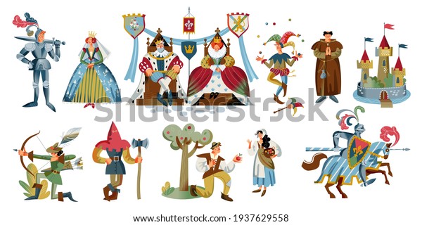Medieval\
characters set. People in Middle Ages vector illustration. King,\
queen, princess, knight, castle, peasants, jester, warrior on\
horse, archer isolated on white\
background.