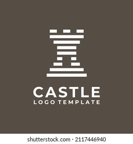 Medieval Chess Rook, Castle Fort Fortress, Kingdom Palace Brick Rampart with stripes geometric style logo design