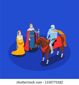 Medieval chivalry isometric composition king and queen knight in armor on horse on blue background vector illustration