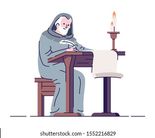 Medieval chronicler with manuscript flat vector illustration. Middle age annalist isolated cartoon characters with outline elements on white background. Ancient literacy and education