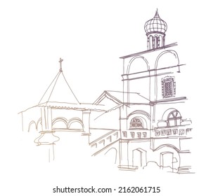 Medieval church and arched stone porch with hipped roof in Russia.Vector traced gold colored ink and pen hand drawn architectural landscape 