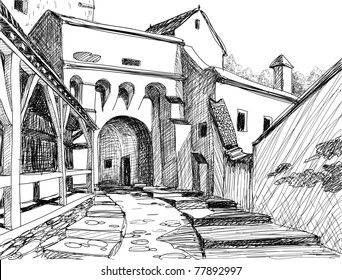 Medieval citadel sketch; this is the main entrance in the Schasburg citadel where Vlad Dracul (the father of legendary Dracula) lived for a while