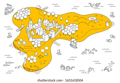 Medieval City Adventure Island Map. City Fortress. Fantasy Area. Sea Monsters. Cartoon Vector Yellow White Colour And Black Line.