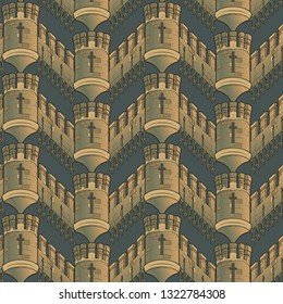 Medieval city architecture. Seamless pattern in a style of a medieval tapestry or illuminated manuscript. EPS10 vector illustration