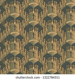 Medieval city architecture. Seamless pattern in a style of a medieval tapestry or illuminated manuscript. EPS10 vector illustration