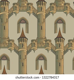 Medieval city architecture. Seamless pattern in a style of a medieval tapestry or illuminated manuscript. EPS10 vector illustration