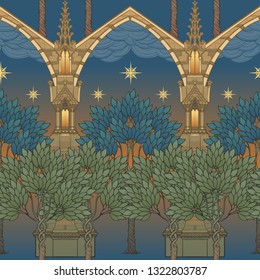 Medieval city architecture. Seamless pattern in a style of a medieval tapestry or illuminated manuscript. EPS10 vector illustration