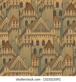 Medieval city architecture. Seamless pattern in a style of a medieval tapestry or illuminated manuscript. EPS10 vector illustration