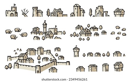 Medieval city buildings. Separate elements of the architecture map. Middle Ages. Hand drawn vector.