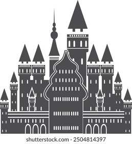 Medieval city citadel. Royal fantasy castle black icon