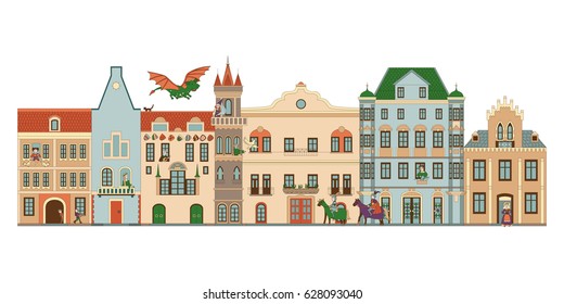 The medieval city. Fairy dragon, princess, knights. Outline drawing. Street with cute houses.