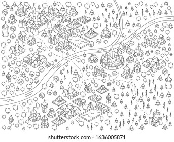 Medieval City, Fantasy Area Map Sketch Kit. Mountain River And Village. Map For Board Game. Hand Drawn Vector Black Line.