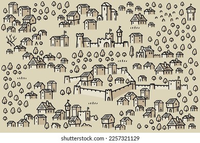 Medieval city fantasy map. Mountain river and village buildings. Middle Ages map for board game. Hand drawn vector.