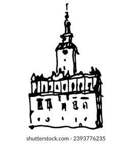 Medieval city hall in Chelmno, Poland. (Rathaus in Kulm or Culm, West Prussia.) Hand drawn linear doodle rough sketch. Black and white silhouette.