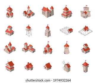 Medieval City Icon Set. Buildings Architecture. Fort Tower. Isometric View. Vector Illustration.