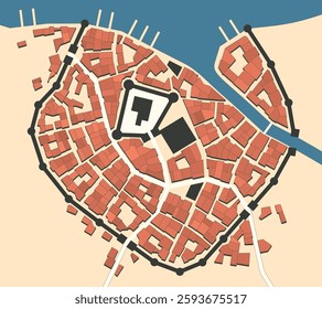 Medieval city imaginary vector map. Old style fantasy setting map for novels or role playing games.