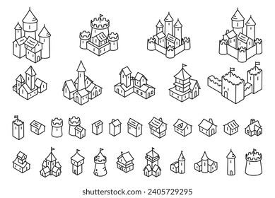 Medieval city isometry buildings. Elements of the map. Middle Ages. Editable outline. Editable outline. Vector line illustration sketch.