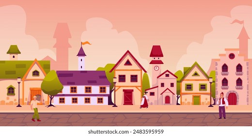 Paisaje medieval de la ciudad. Ilustración vectorial de una antigua calle de la ciudad, antiguos edificios europeos, personajes vestidos de antaño y caminos pavimentados. Ilustración plana de dibujos animados.