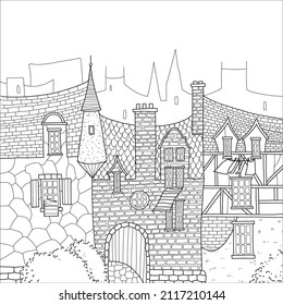 Medieval city street with houses and trees. Hand drawn coloring page.