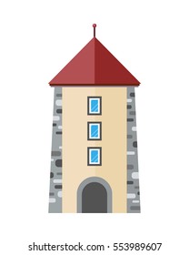 Medieval city tower icon. Ancient stone tower with windows and arch flat vector illustration isolated on white background. European  architecture. Historic building. For travel, touristic concepts
