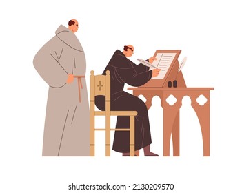 Medieval Clerk Writes Document With Feather. Old Scribe With Paper List Parchment On Desk. Secretary Works With Script. Profession Of Middle Ages. Flat Vector Illustration Isolated On White Background