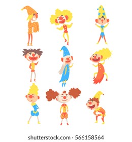 Medieval Clowns And Fools Collection Of Childish Stylized Jester Characters With Painted Faces And Classic Outfits