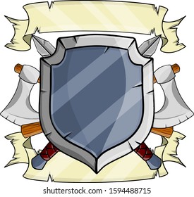Medieval coat of arms. Element of knight. Armor and weapon. Crossed sword, axe, shield and ribbon. Old logo.