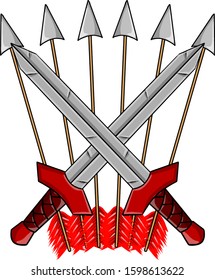 Medieval coat of arms. Element of knight. Armor and weapon. Crossed sword and red arrow. Cartoon illustration