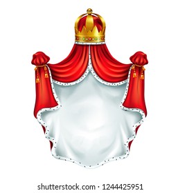 Medieval coat of arms, heraldic emblem realistic vector template isolated on white background. Kings gold crown with gems, coronation cloak, royal canopy of red silk decorated ermine fur illustration