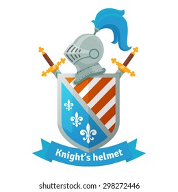 Medieval coat of arms with knight helmet, shield, crossed swords and banner. Heraldic composition.  Flat vector illustration isolated on white background.