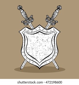Medieval cold arms. Two crossed ornate hand drawn sabers and abstract shield vintage elements. Hipster style. Vector illustration.