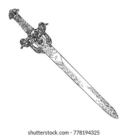 Medieval cold weapon. Warrior weapons sword. Hand drawn antique engraving weapon illustration. Vector. 