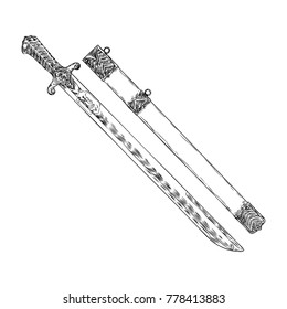 Medieval cold weapon. Warrior weapons sword. Hand drawn antique engraving weapon illustration. Vector. 