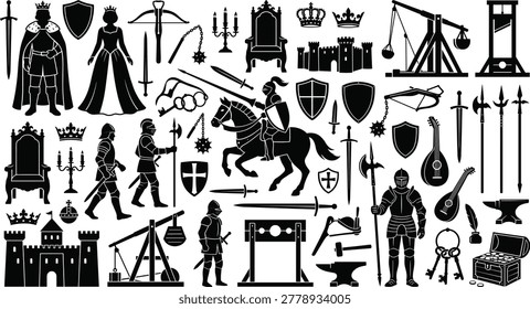Medieval collection of kingdom silhouettes featuring knight, king, queen, castle, weapon, trebuchet, armor, and throne icons for historical design projects