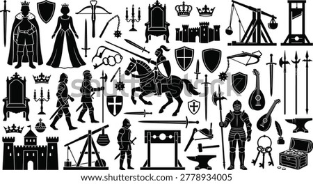 Medieval collection of kingdom silhouettes featuring knight, king, queen, castle, weapon, trebuchet, armor, and throne icons for historical design projects