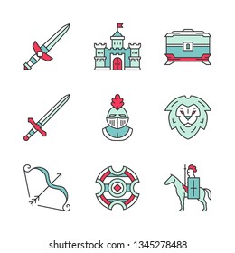 Medieval color icons set. Dagger, king castle, treasure chest, knight helmet, lion head emblem, bow and arrow, battle shield, knight on horse with shield and lance. Isolated vector illustrations
