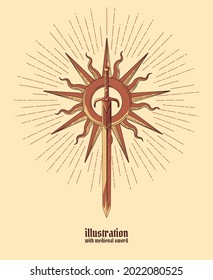 medieval colored sword with bold border in cartoon style with sun